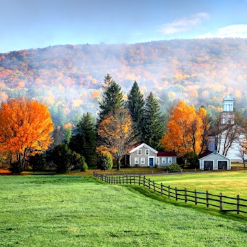 Autumn fog in the village of Tyringham in the Berkshires region of Massachusetts